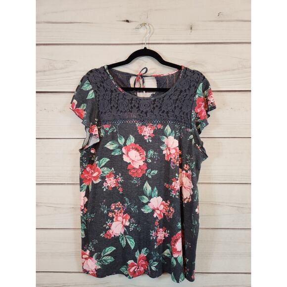 Torrid Women's Gray Pink Floral‎ Crew Neck Lace Pieced Tie Back Blouse 2X - Picture 1 of 6